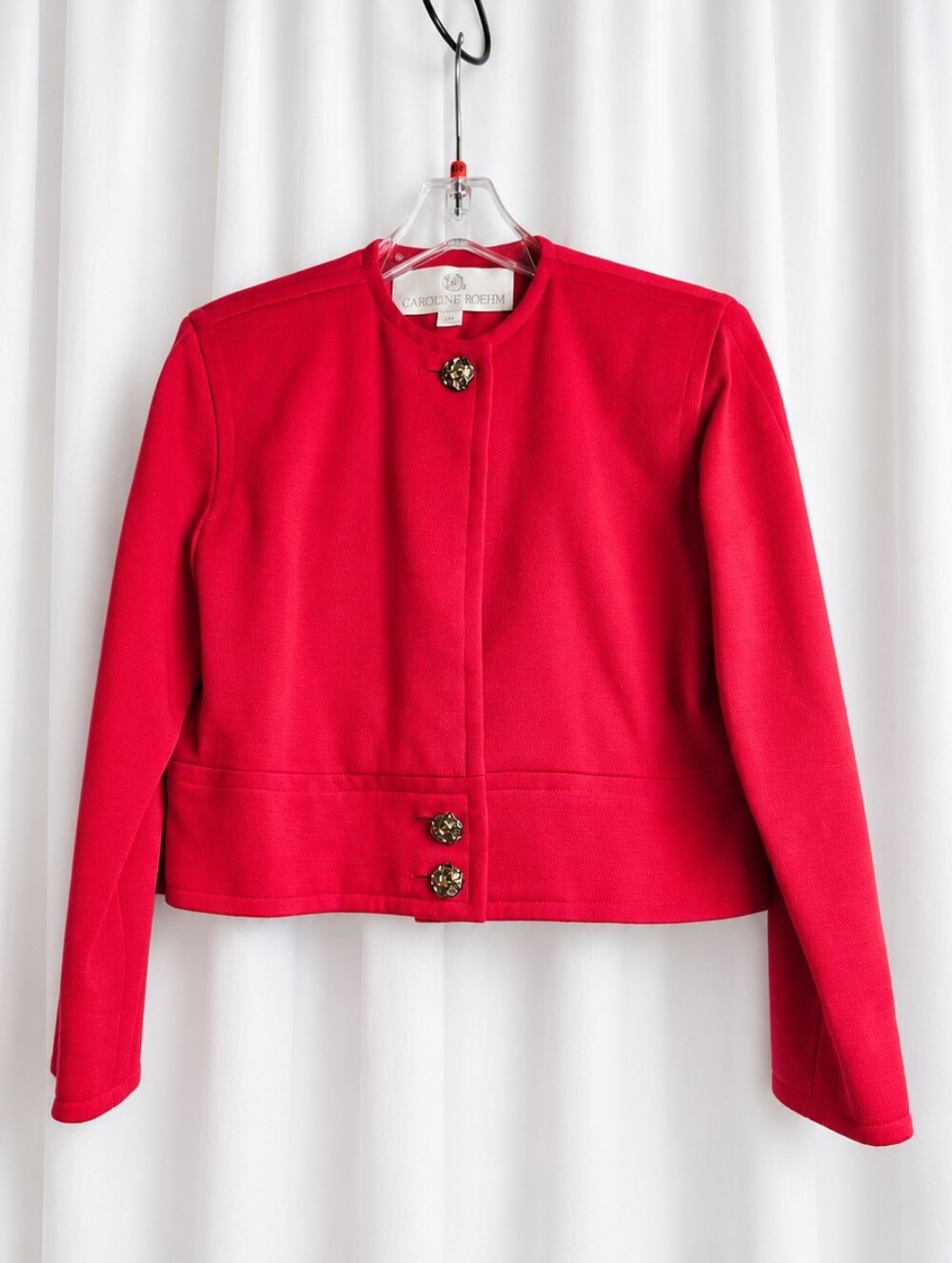 Carolyne Roehm 80s Red Union Label Sculptural Metal Buttons Cropped Retro Jacket